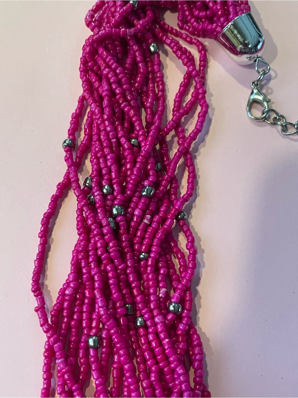 Hot Pink Seed Bead Silver Tone Spacer & Chain Necklace #7135 - Picture 5 of 7